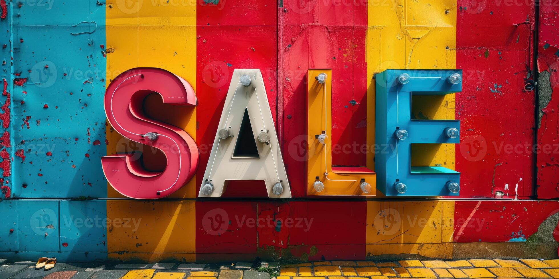 Colorful SALE Sign on Vibrant Urban Wall with Bold Typography and Eye-Catching Design photo