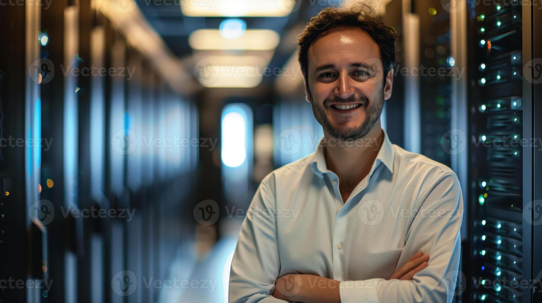 Confident Businessman in Data Center with Servers in Background, Representing Modern Technology and IT Solutions photo