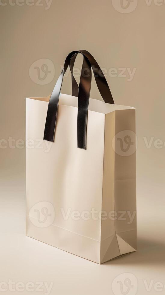 Classic Minimalistic Design of a Paper Bag with Black Handles Against a Soft Beige Background, Perfect for Elegant Retail and Eco-Friendly Branding photo