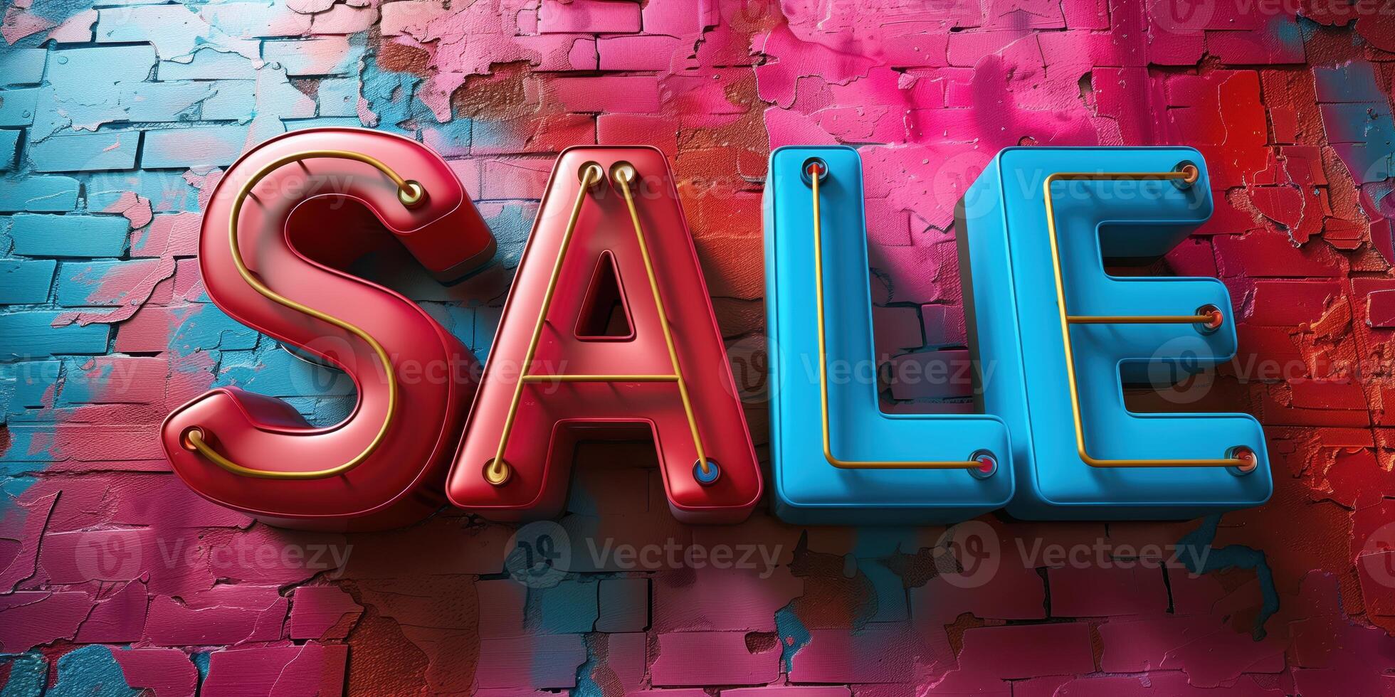 Vibrant Neon Sale Sign with Creative Design Elements on Colorful Brick Wall Background photo