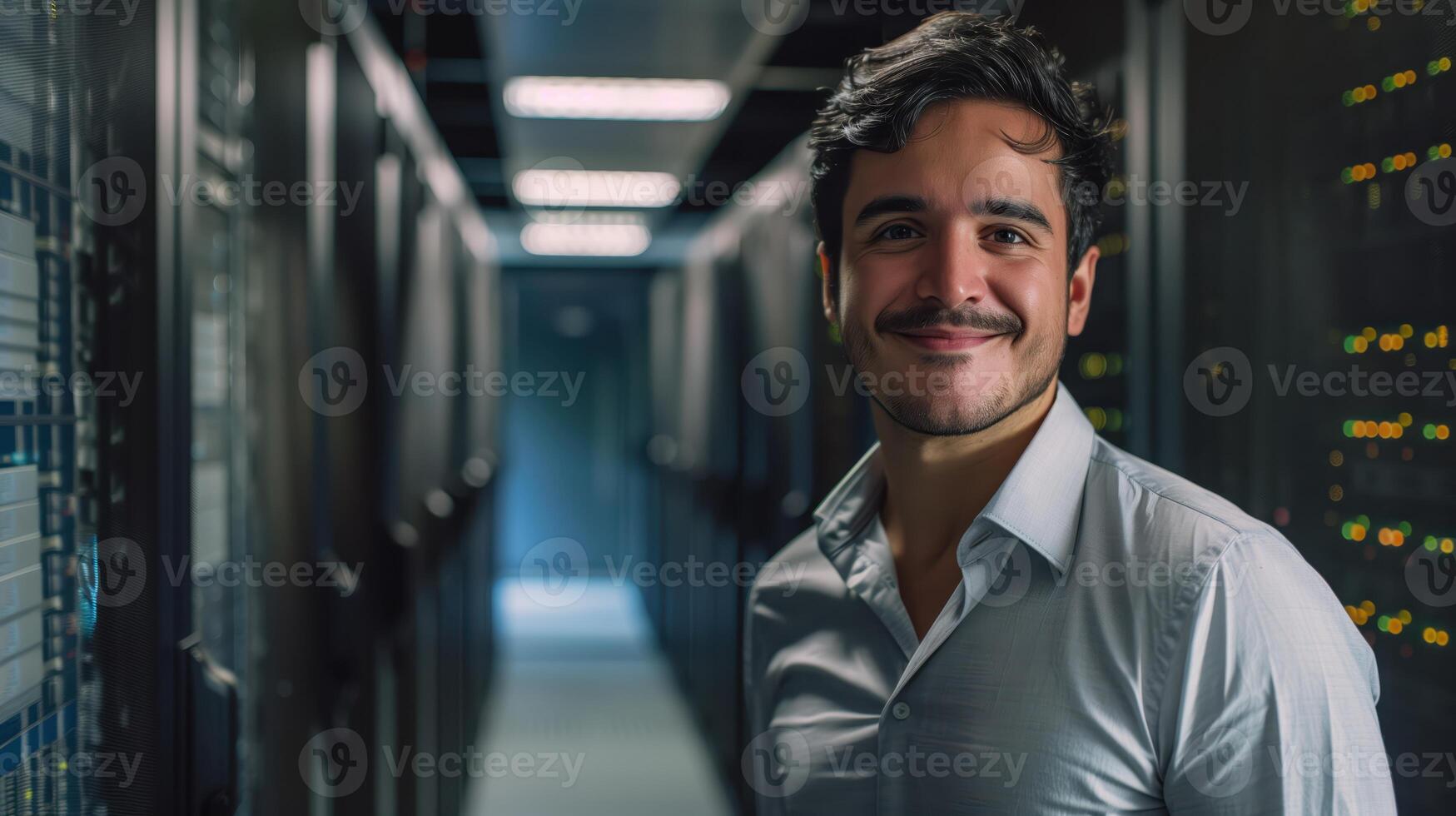 Confident Professional Man Standing in Modern Data Center With Server Racks and Technology Background photo