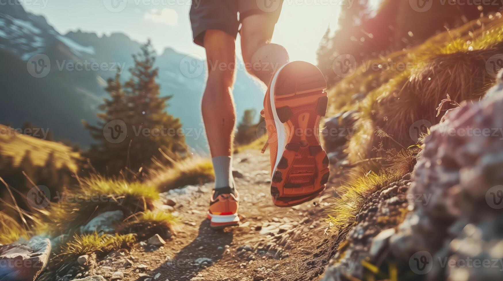 Trail Running in the Mountains at Sunrise with Focus on Runner's Shoes and Natural Landscape photo