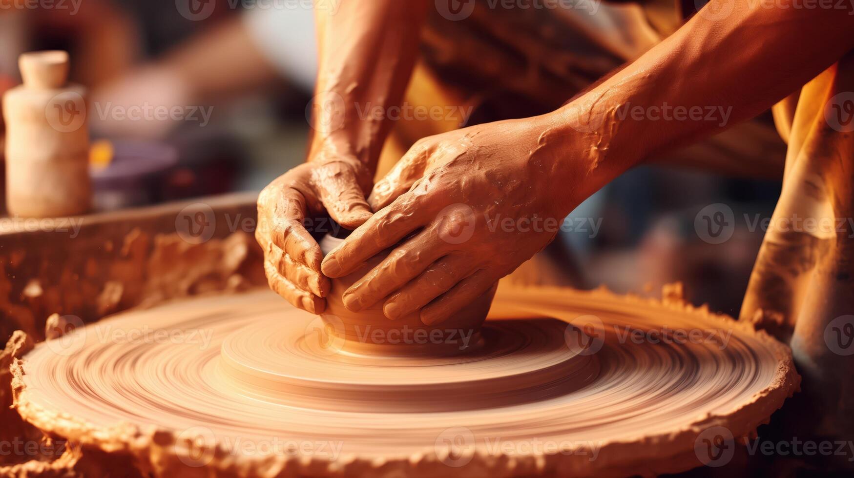 Close-Up of Young Male Hands Creating a Ceramic Pot on a Pottery Wheel with Skillful Precision and Artistic Expression photo