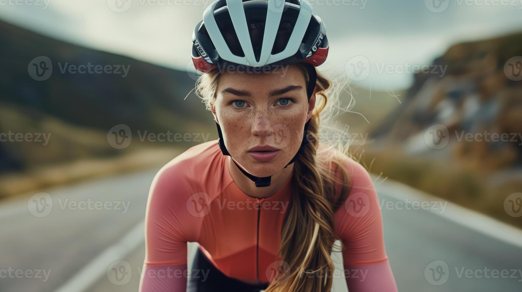 Focused Cyclist Riding on Open Mountain Road in Scenic Landscape photo