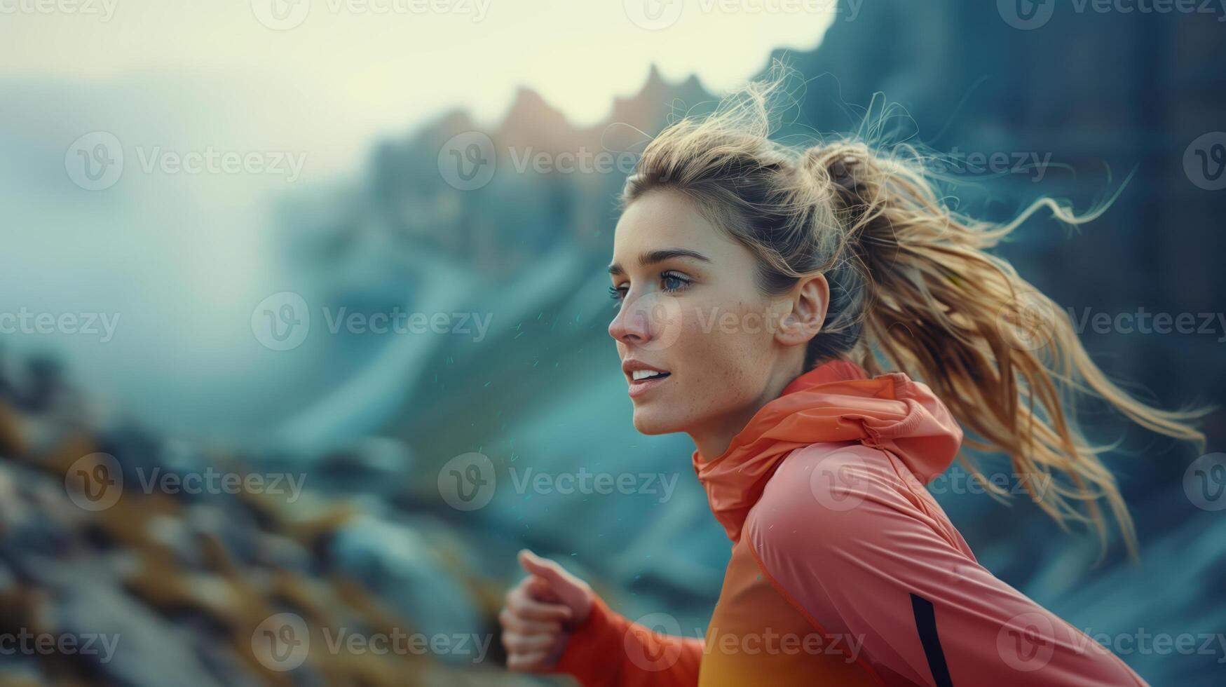 Cinematic Photorealistic Close-Up of Female Runner in Motion Against Breathtaking Mountain Landscape photo