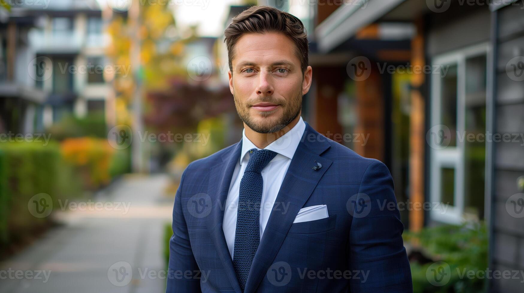 Confident Businessman in Blue Suit Posing Outdoors in Urban Setting with Modern Architecture photo