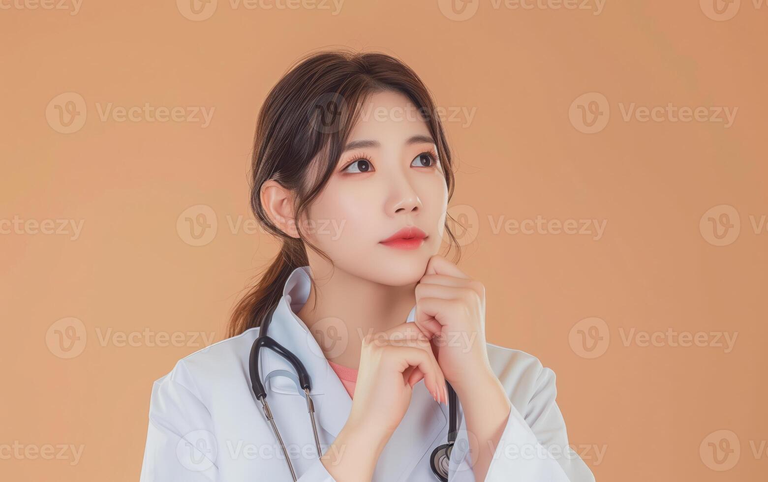 Thoughtful Korean Female Doctor Wearing Medical Uniform with Stethoscope Against Orange Background photo