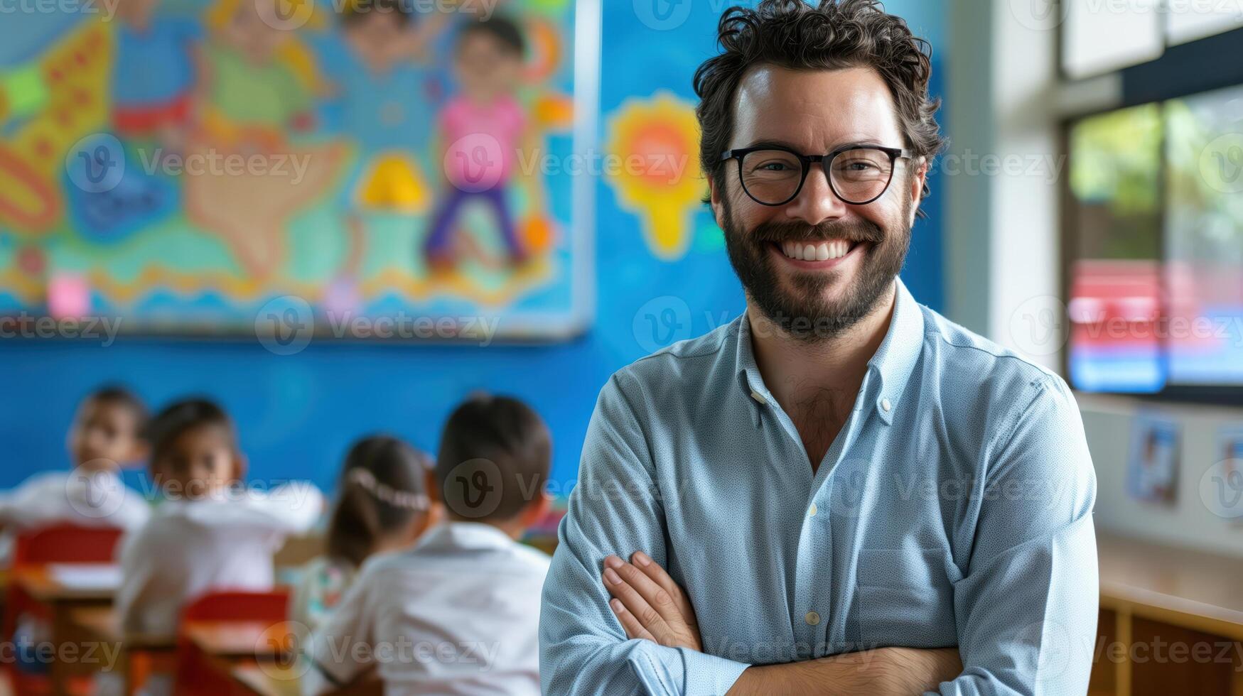 Smiling Brazilian Public School Teacher in Classroom with Young Students Engaged in Learning Activity photo