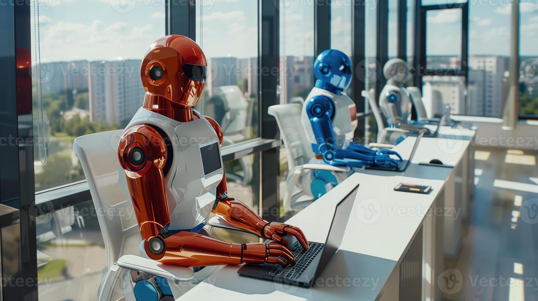 Futuristic Office with Robots Working at Laptops in a Bright Room with Large Panoramic Windows photo
