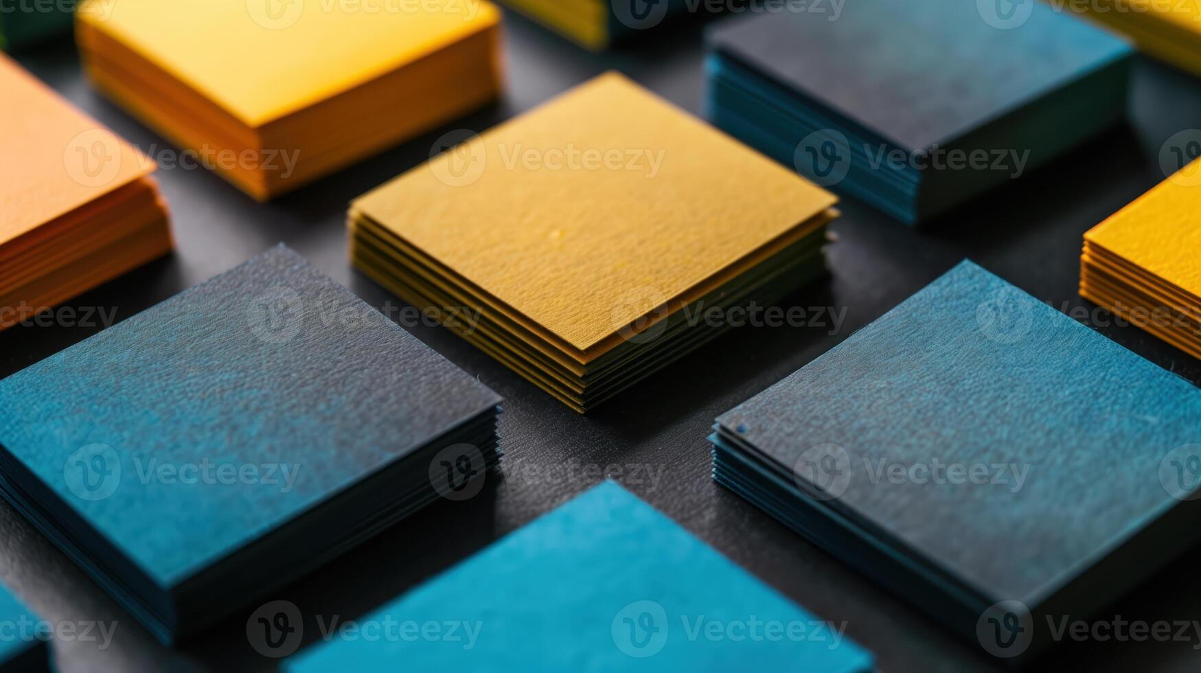 Colorful Business Cards with Gradient Colors and Embossed Texture Stacked in Rows on a Dark Surface photo