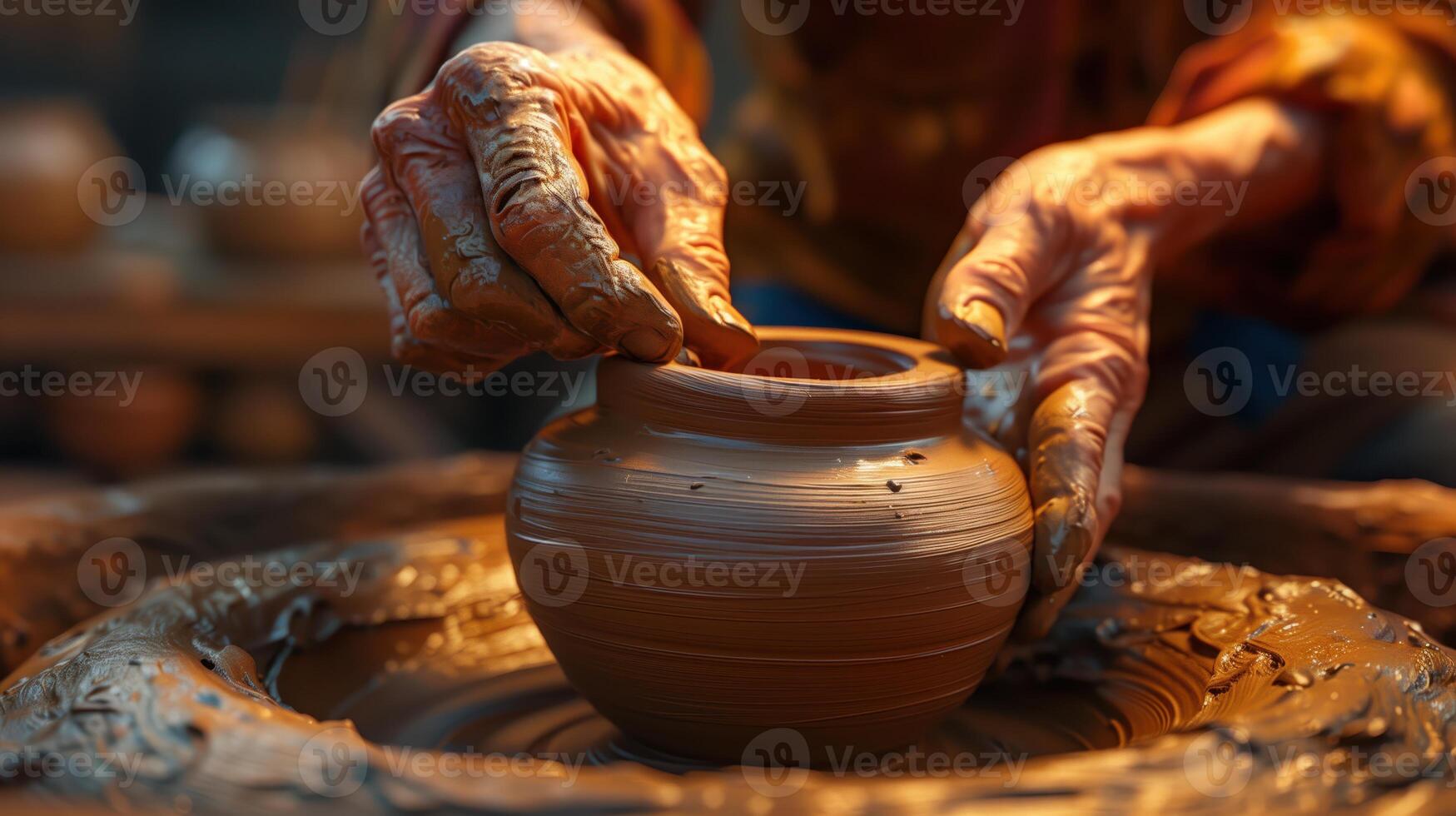 Close-Up of a Potter Shaping Clay on a Wheel with Skilled Hands in a Ceramics Studio photo
