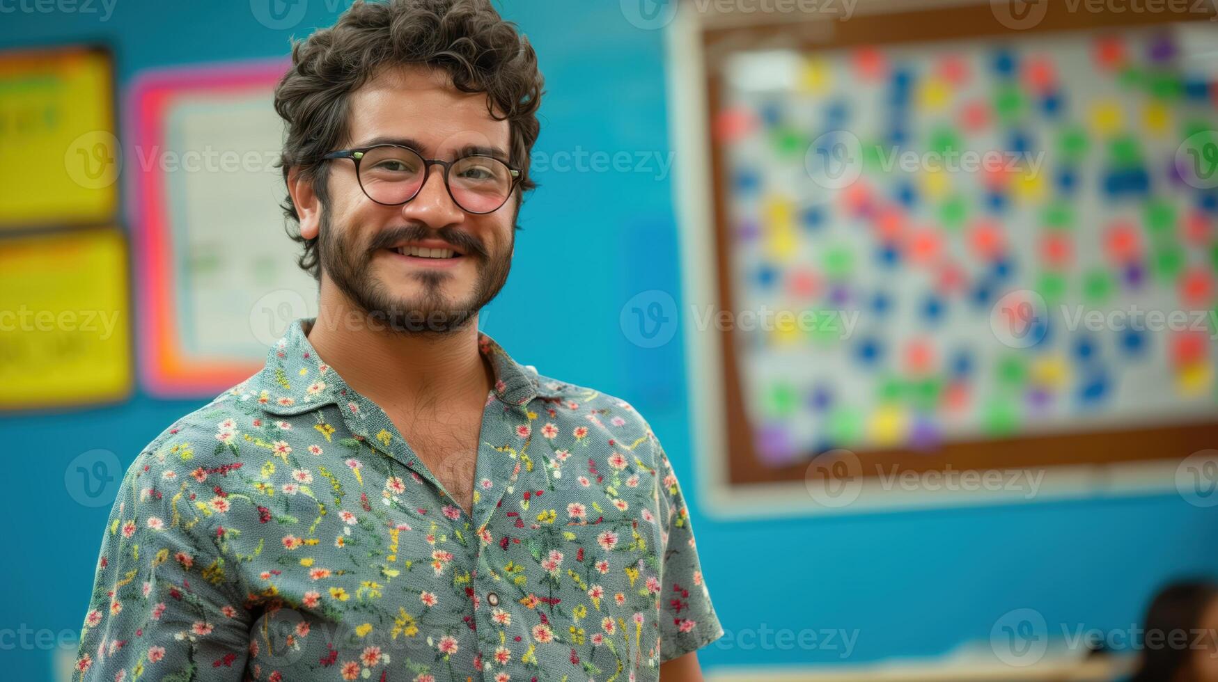 Confident Brazilian Public School Teacher Smiling in Colorful Classroom Setting photo