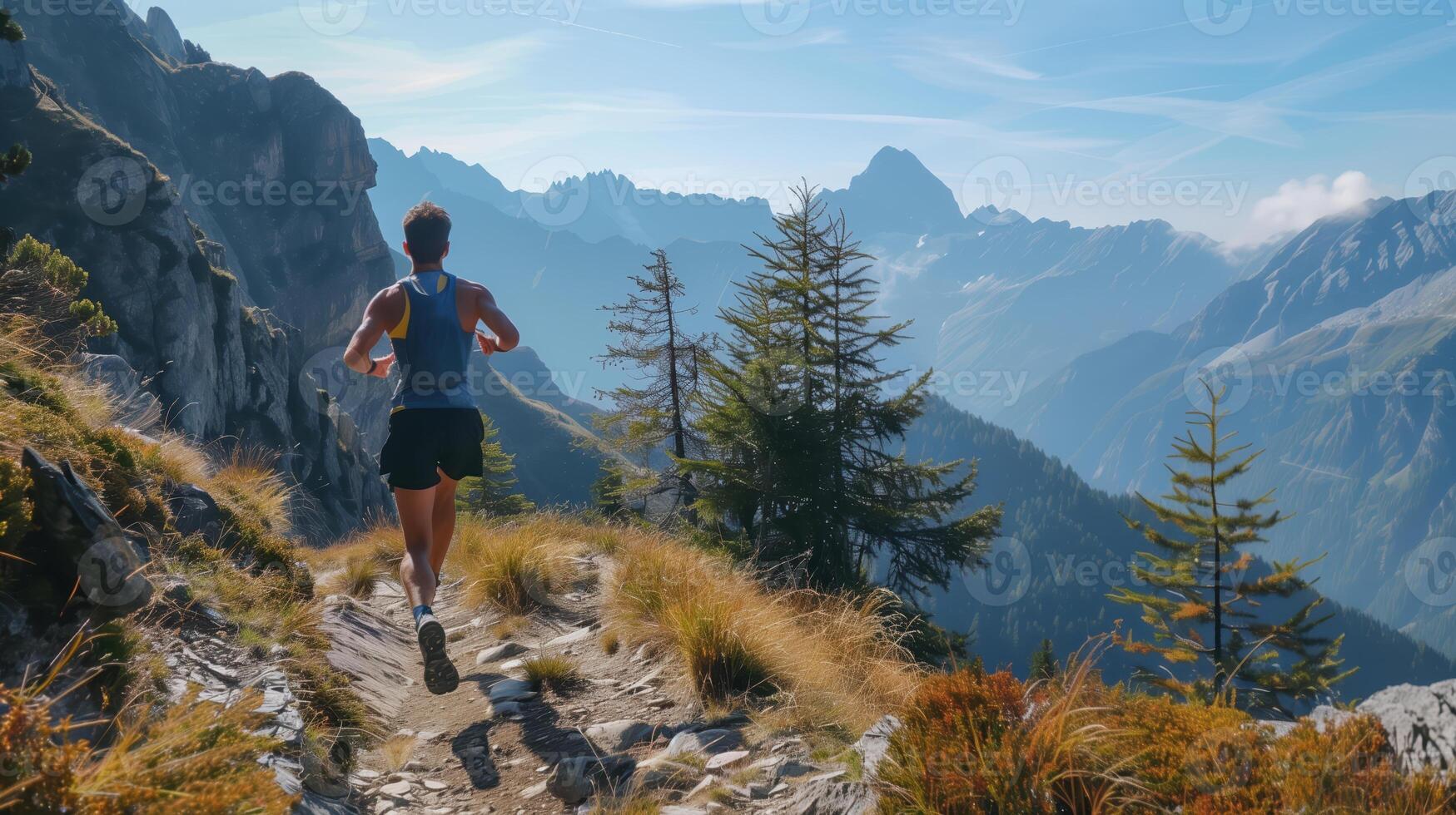 Trail Running in Majestic Mountain Landscape with Scenic View and Clear Sky photo