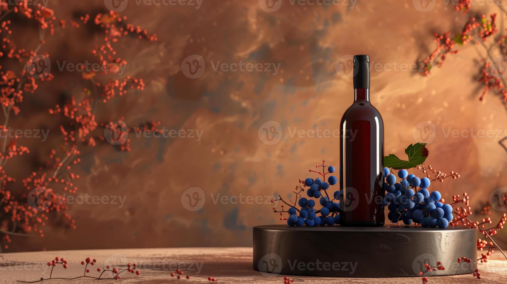 Elegant Bottle of Red Wine on Black Podium Surrounded by Blue Grapes and Rustic Autumn Background photo