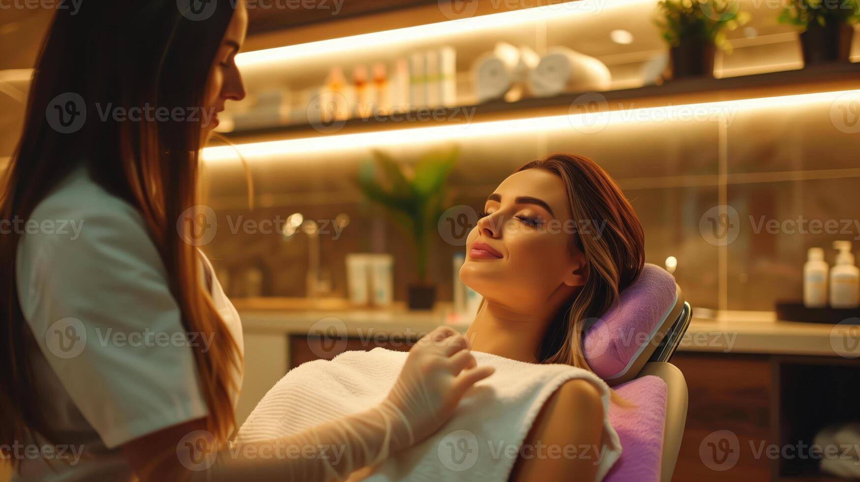 Aesthetician Performing Relaxing Facial Treatment in Tranquil Spa Setting with Professional Care and Calm Atmosphere photo