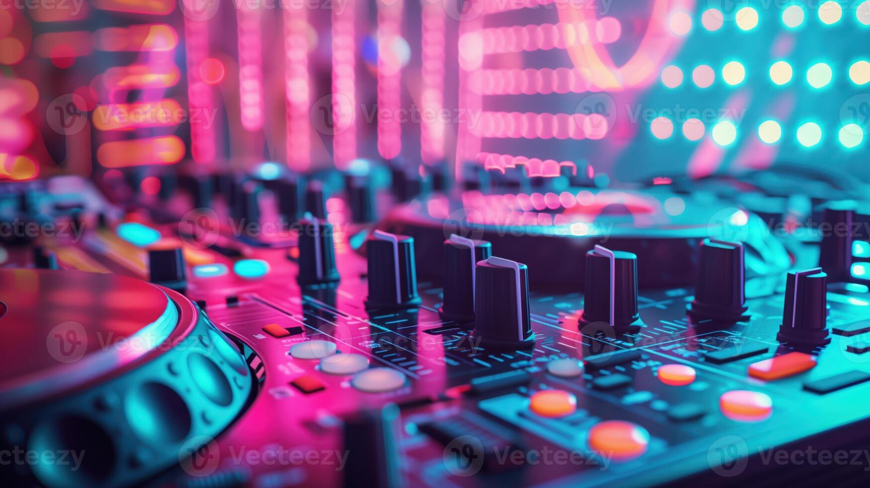 Vibrant DJ Mixer in Neon Lights Captures Deep House Music Vibes and Electronic Dance Party Atmosphere photo