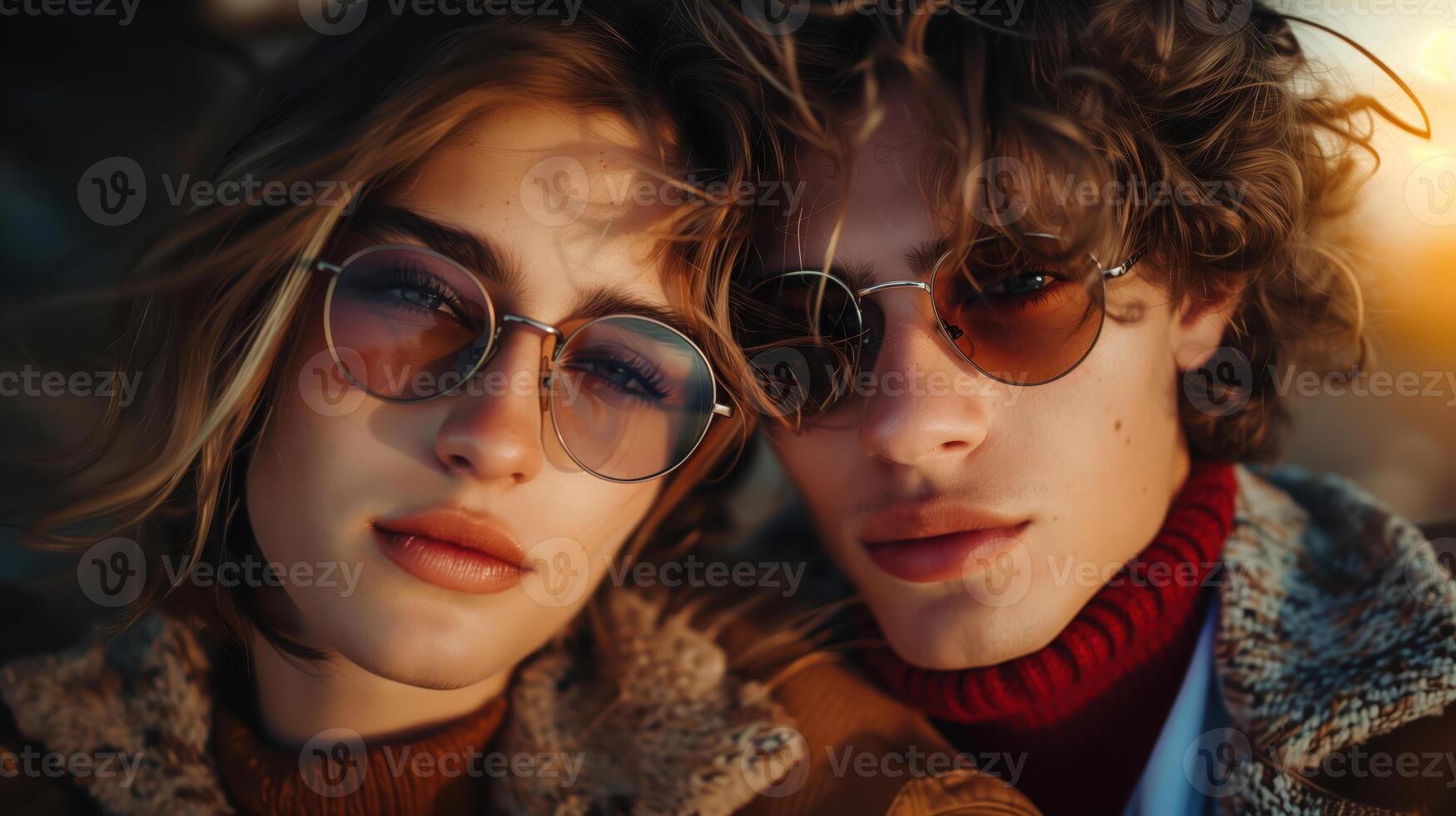 Stylish Young Couple in Sunglasses Enjoying Sunset Outdoors in Warm Clothing and Cozy Atmosphere photo