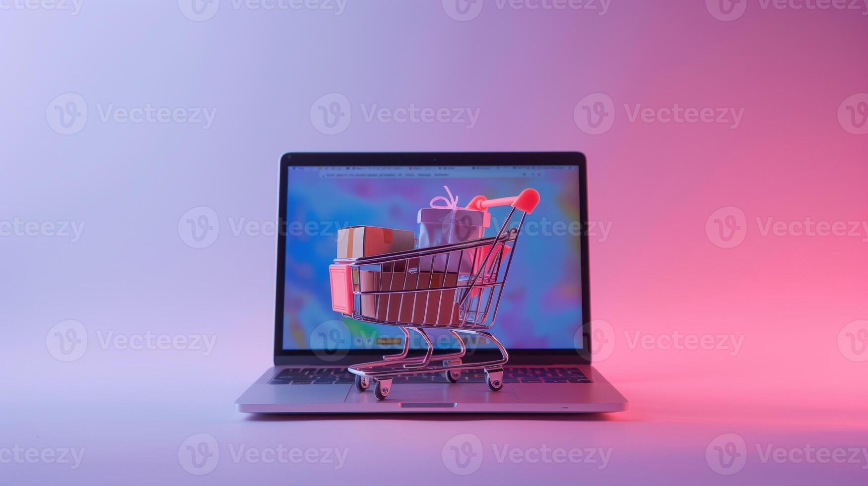 Creative Studio Shot of Open MacBook Air with Shopping Cart Displaying Online Shopping Concept photo