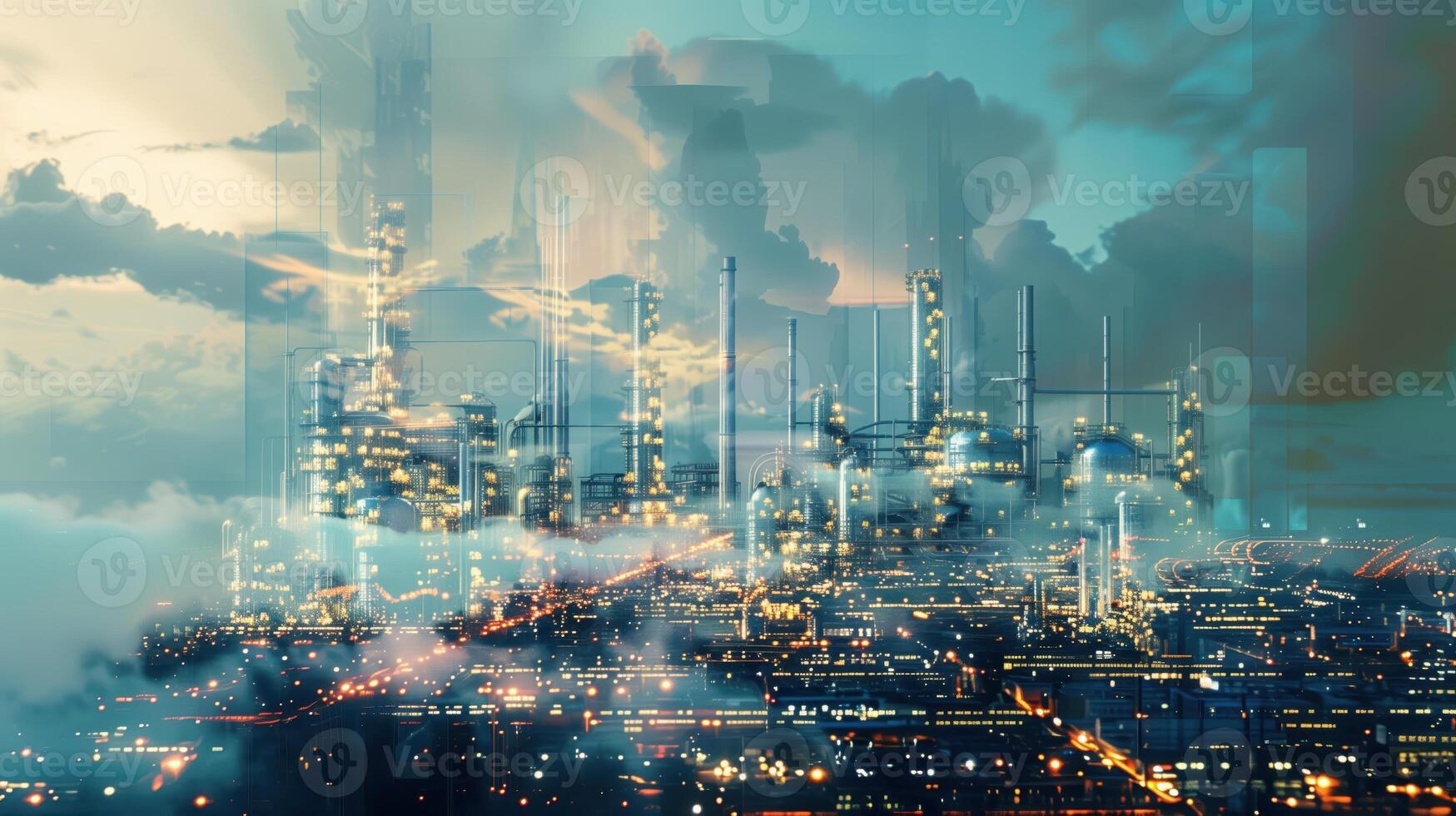 Futuristic Energy Industry Factory With Advanced Technology and Cityscape View Under Cloudy Sky photo