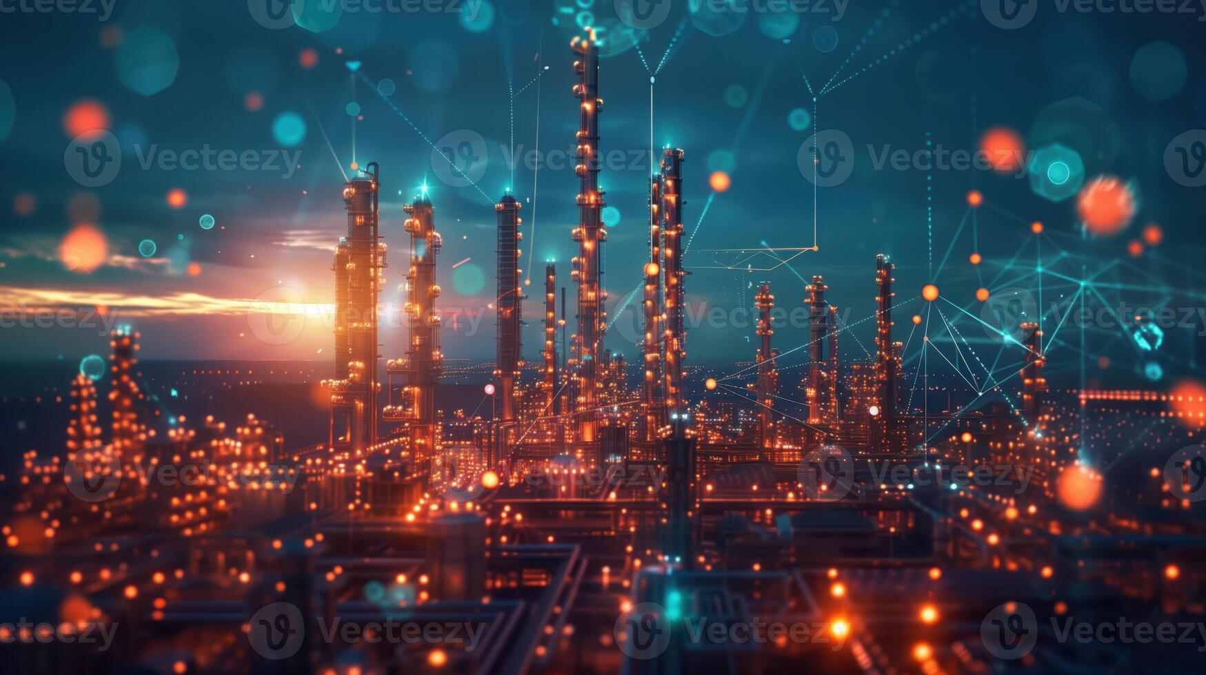 Futuristic Factory Plant with Advanced Energy Network at Sunset, Capturing Modern Industrial Concepts and Innovative Technology photo