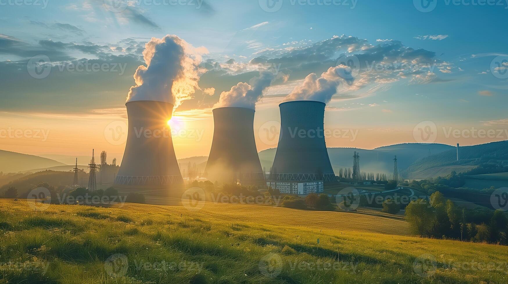 Nuclear Power Plant Temelin in Czech Republic During Sunrise with Cooling Towers and Lush Green Landscape photo