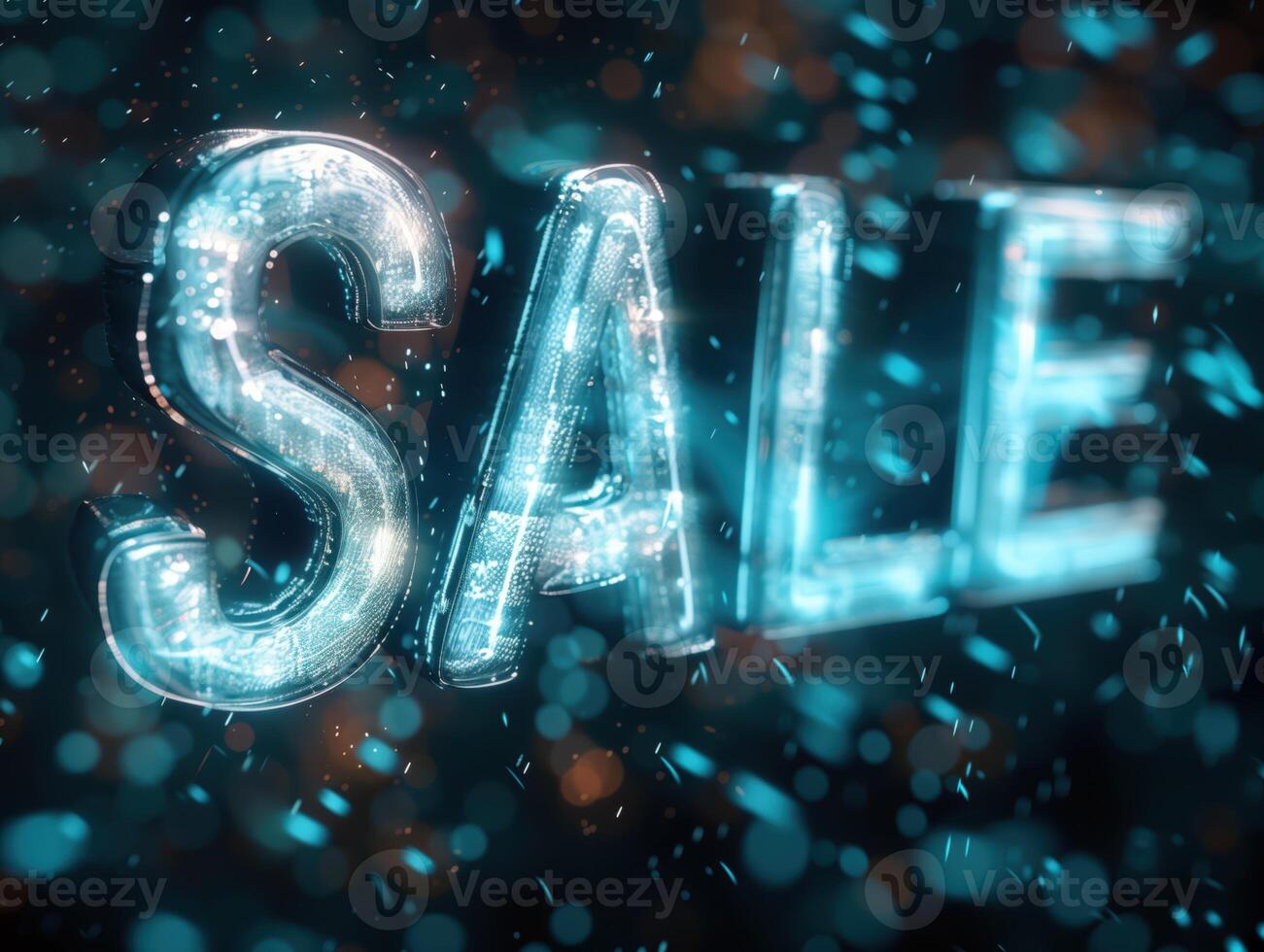 Front View of the Word SALE in 3D with Floating Percentages and Glowing Effects photo