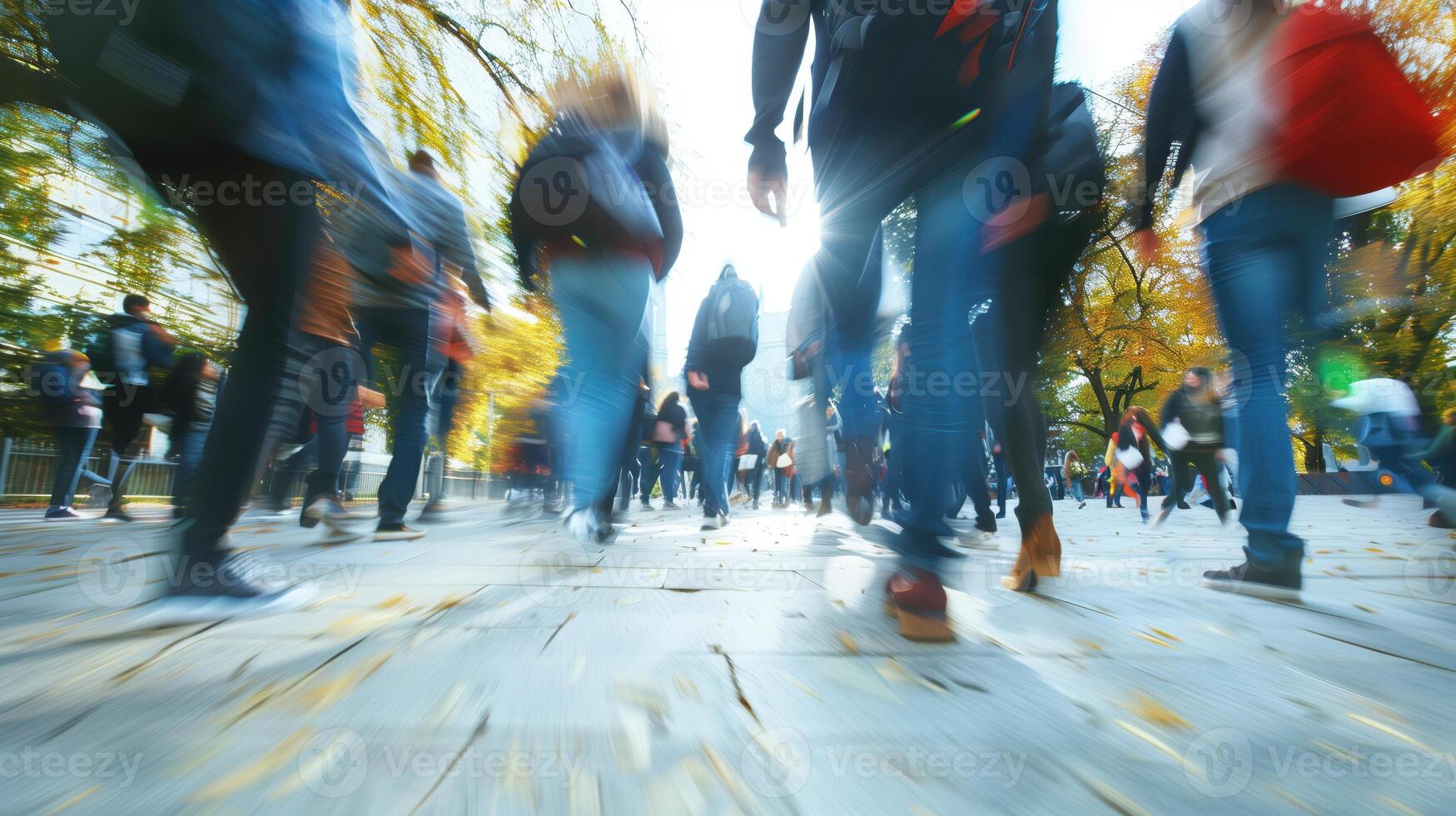 Dynamic Image of College Students Walking Outdoors in Autumn on University Campus with Motion Blur photo
