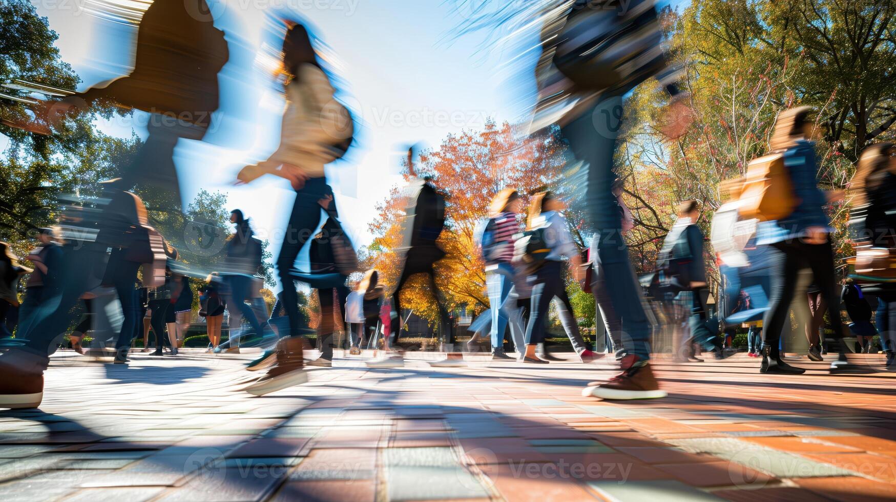 Dynamic Image of College Students Walking Outdoors on Campus in Autumn photo