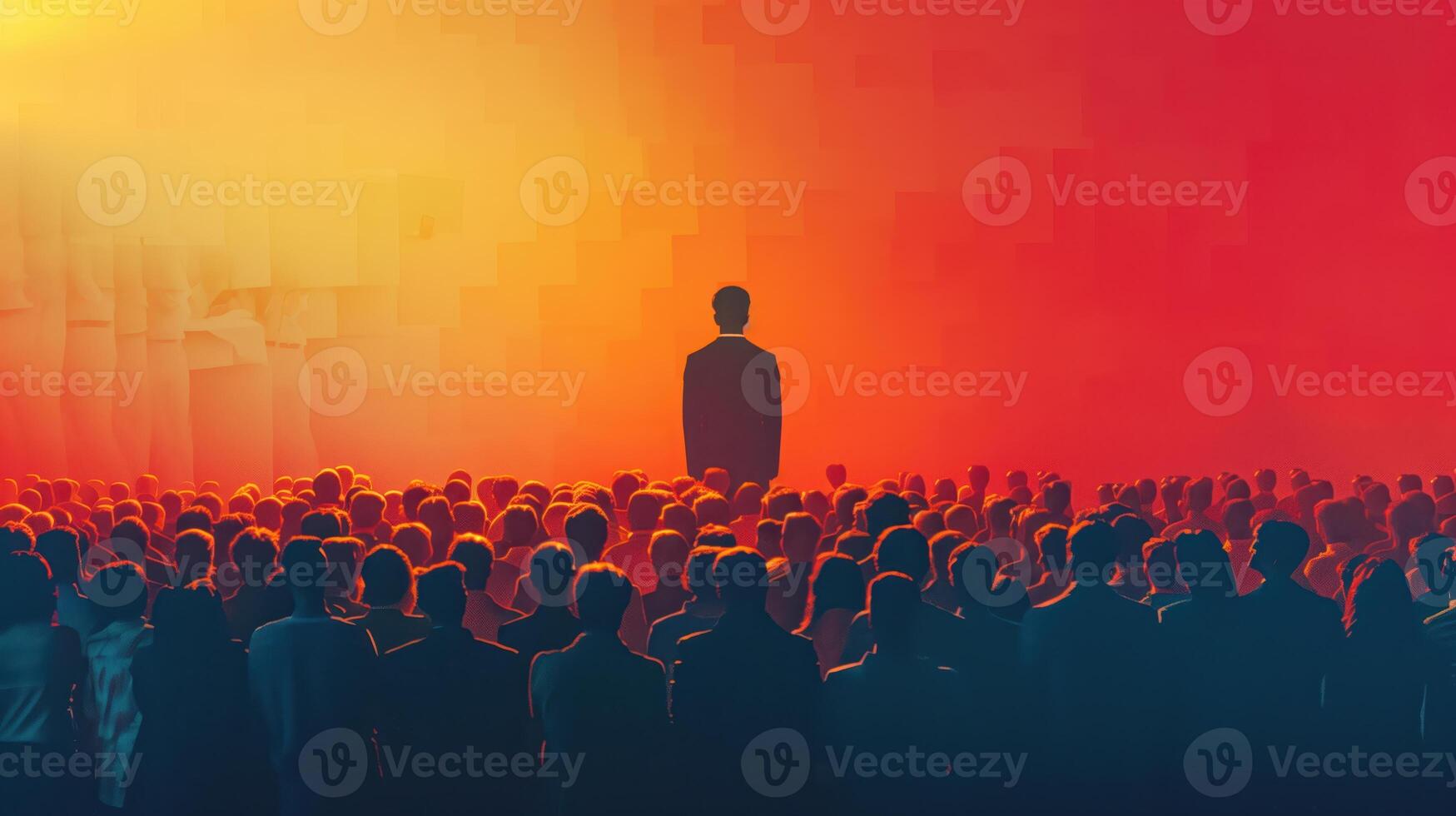 Silhouette of Person Standing Before a Large Crowd at Sunset in Vibrant Scene photo