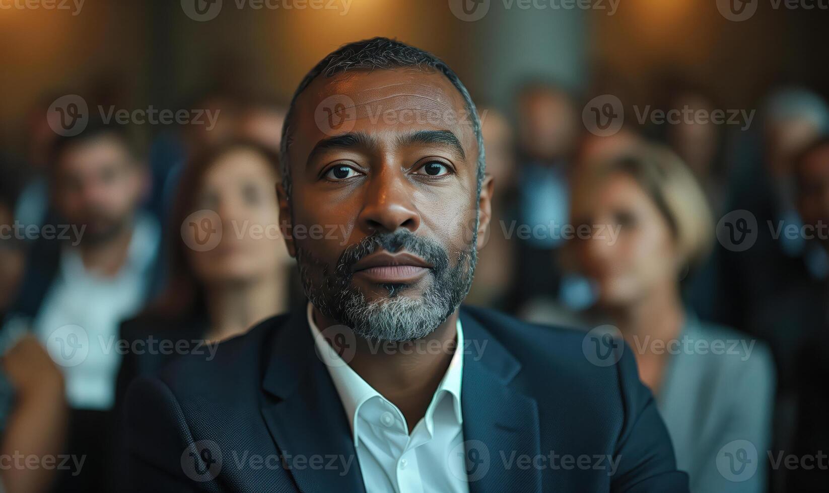 Executive Questioning Audience During Business Presentation in Conference Setting photo