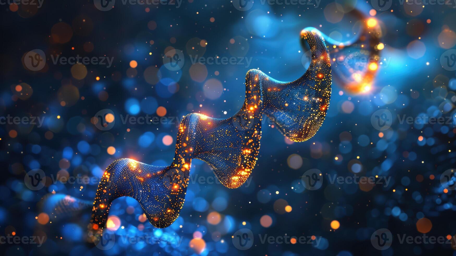 Ethereal View of a Glowing DNA Double Helix in a Futuristic Corporate Metropolis Setting photo