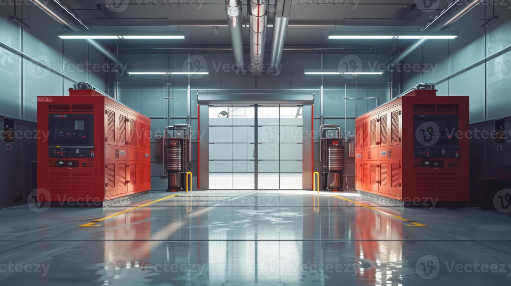 Industrial Generator Room with Two Large Generators in a Modern Factory Setting Featuring Clean, Sleek Design photo