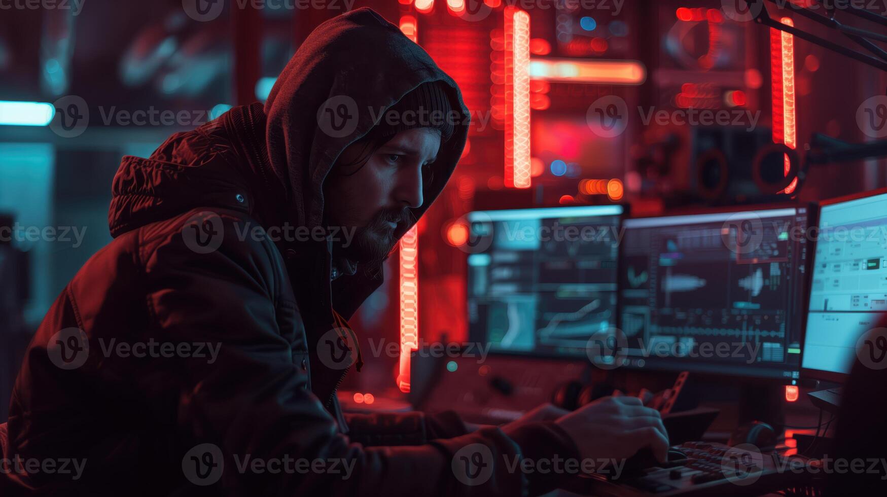 Hacker in Dark Room with Cinematic Lighting Analyzing Data on Multiple Screens photo