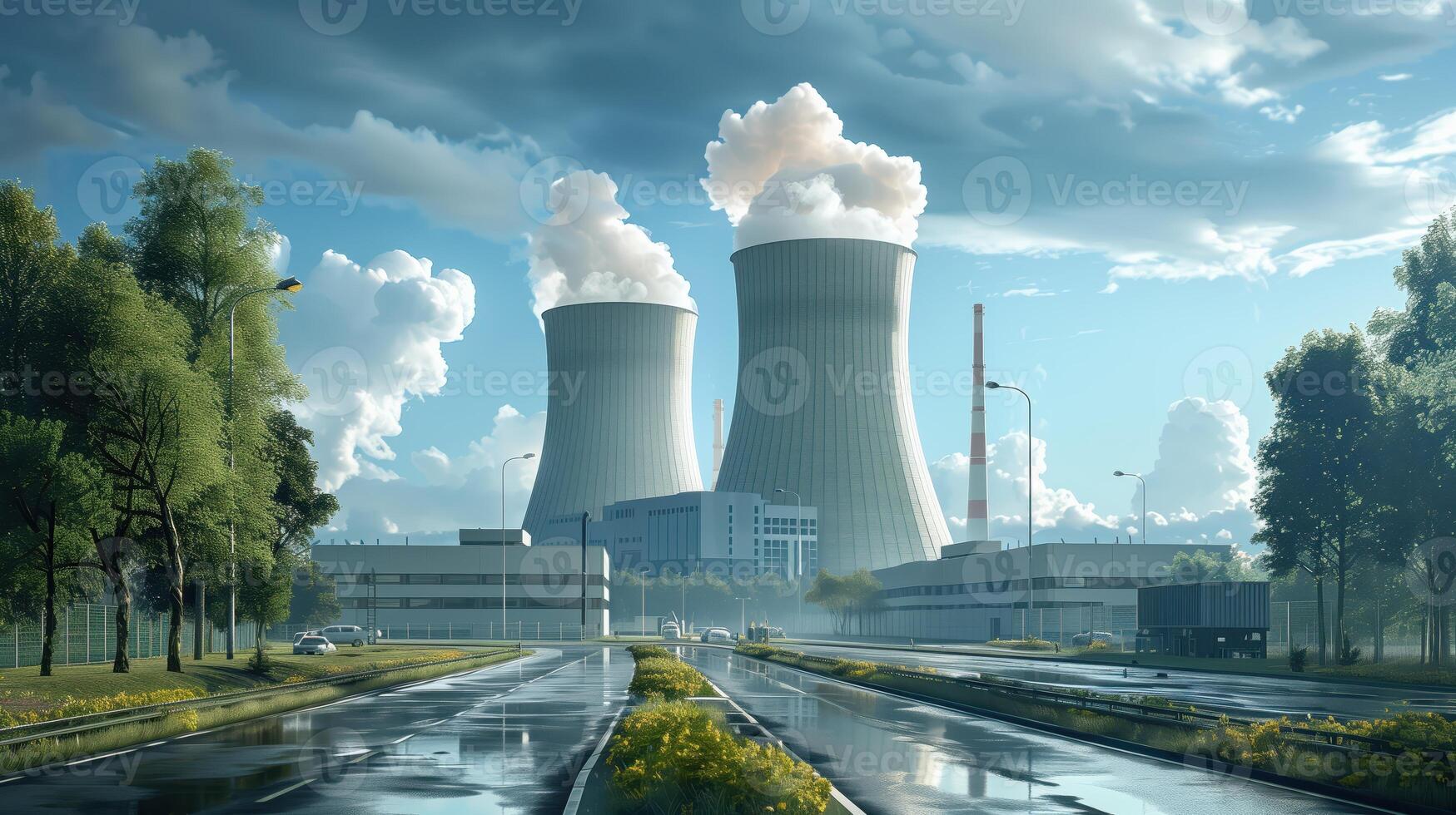 Nuclear Power Plant Temelin in Czech Republic with Cooling Towers and Industrial Landscape Under Blue Sky photo