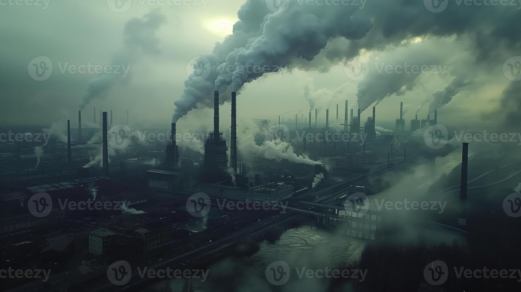Industrial Landscape with Heavy Pollution and Smoke Emissions from Large Factory Chimneys Impacting the Environment and Atmosphere photo