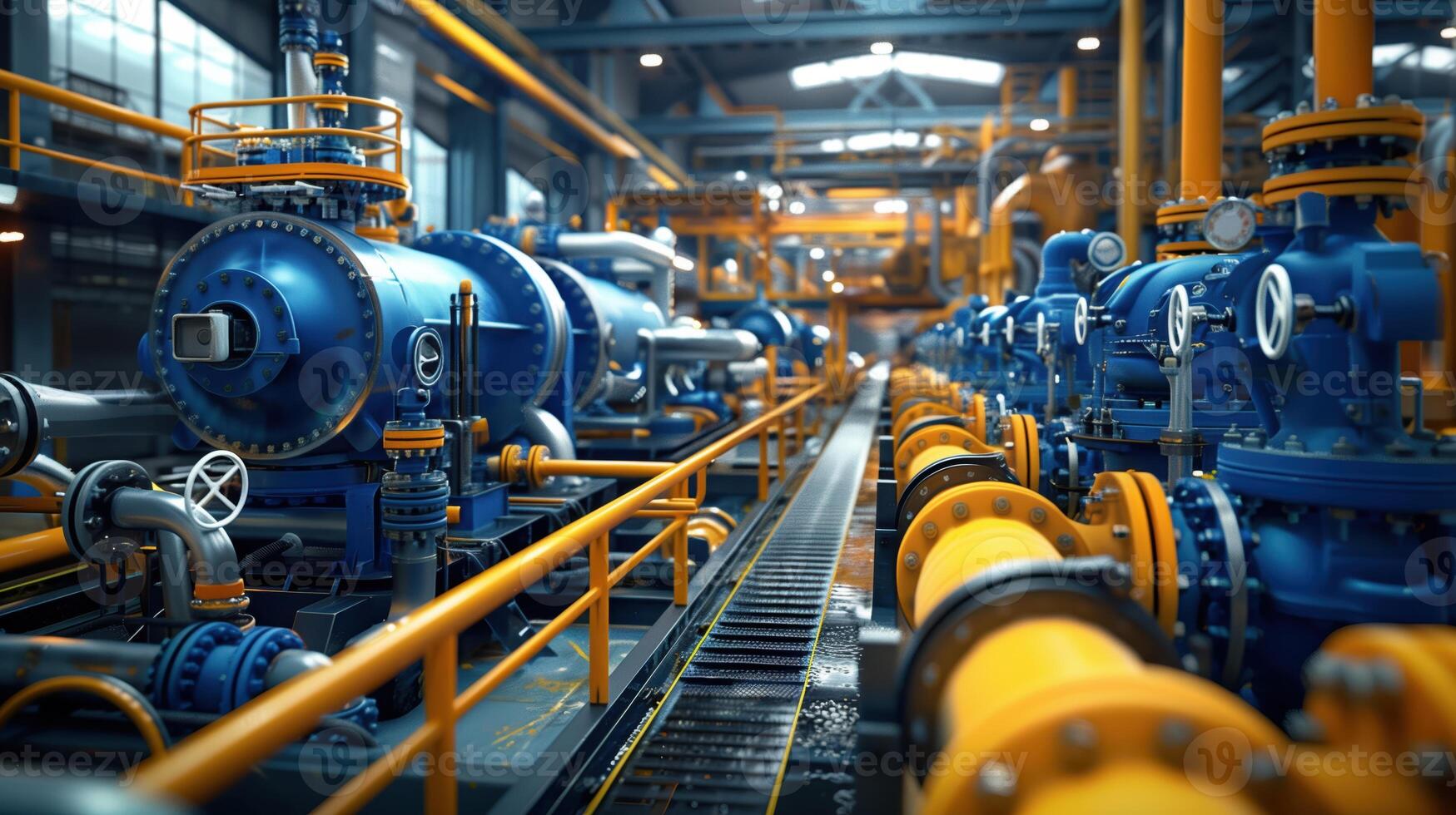 Horizontal View of a Modern Industrial Facility With Pipes and Machinery in a Brightly Lit Setting photo