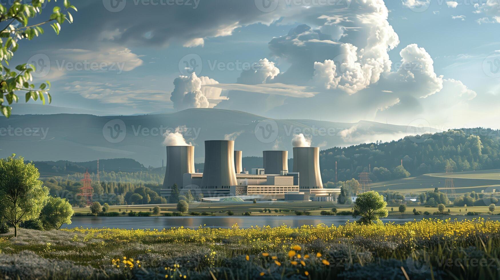 Nuclear Power Plant Temelin in Czech Republic with Lush Landscape and Dramatic Clouds photo