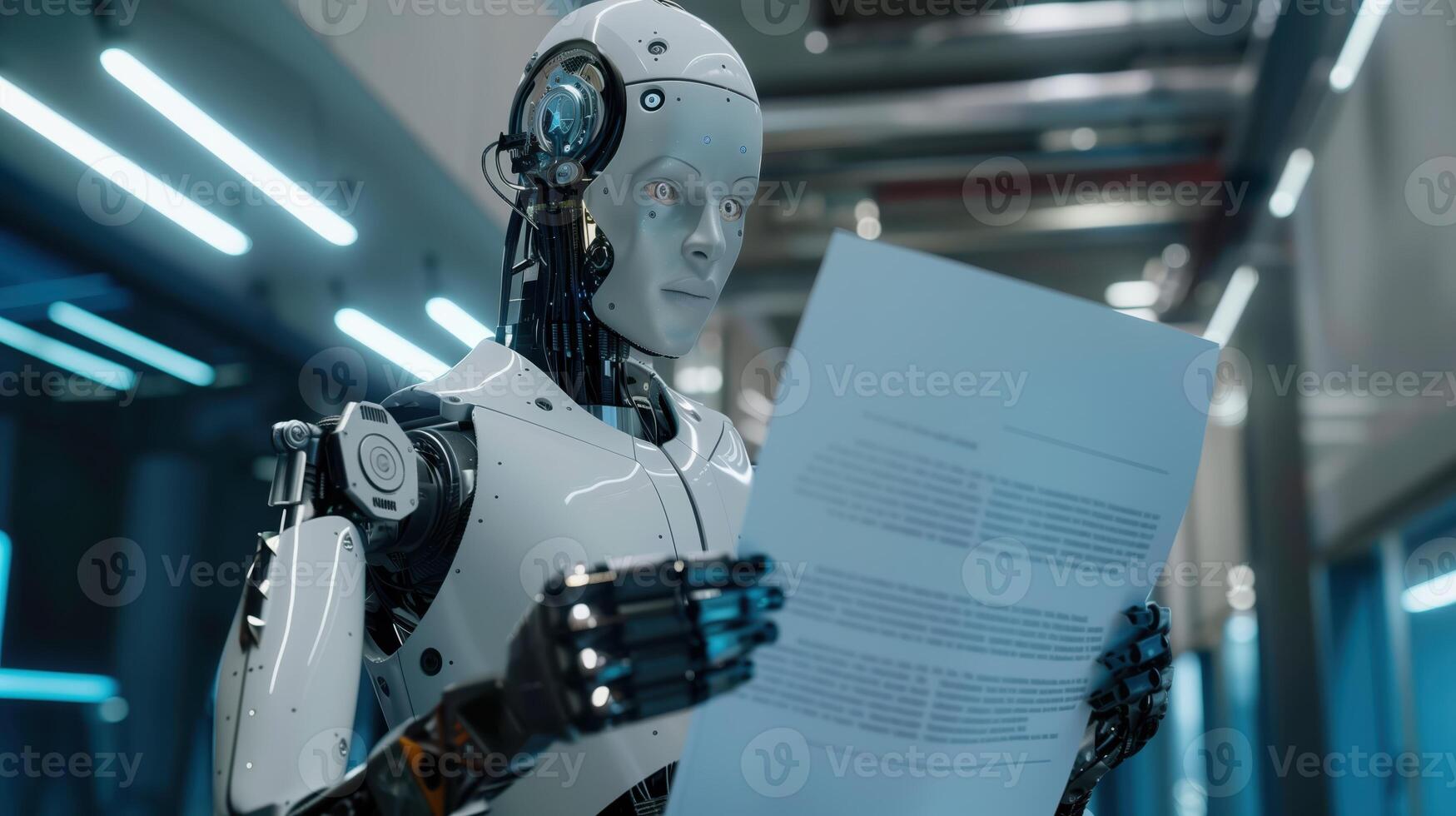 Futuristic AI Robot Analyzing Document Inside High-Tech Computer Environment with Advanced Technology and Robotics photo