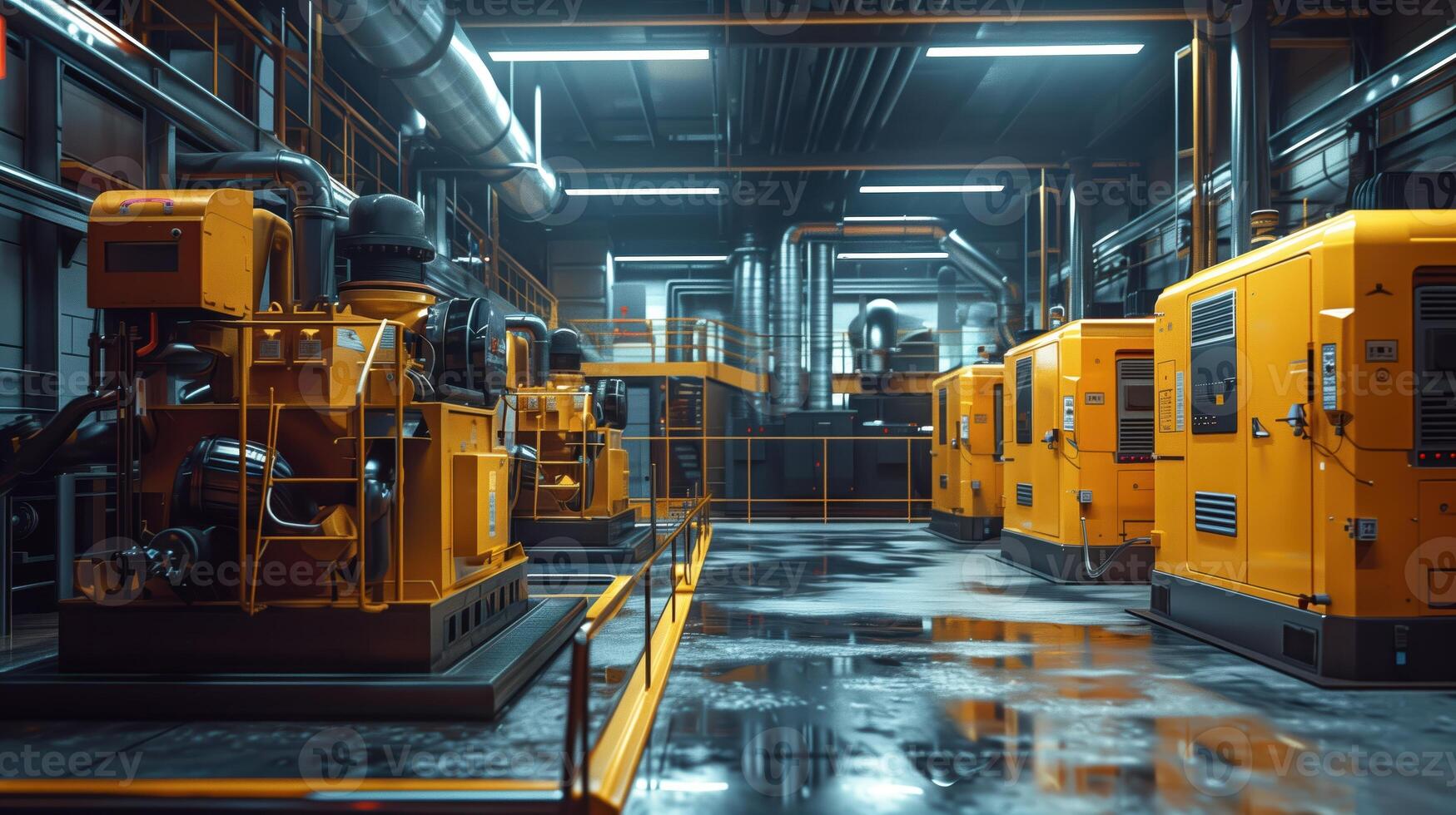 Industrial Generator Room With Yellow Generators in Modern Factory Setting photo