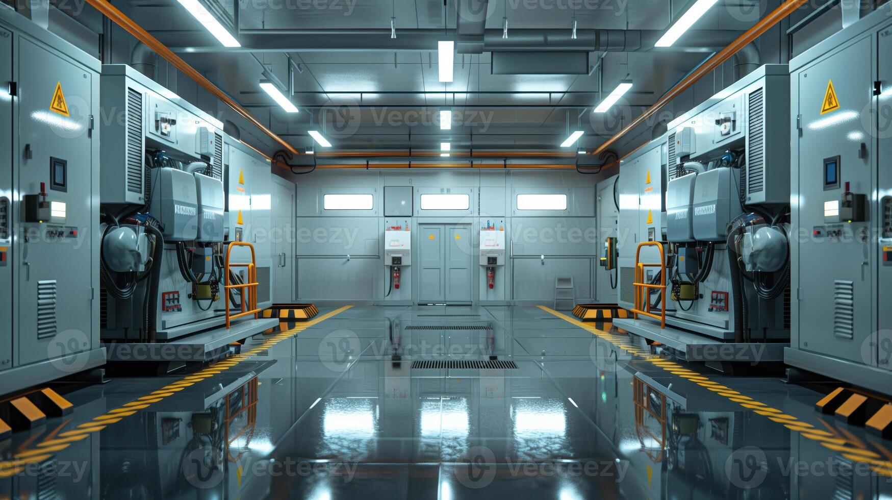 Industrial Generator Room with Two Large Generators and Equipment in a Modern Factory Setting photo