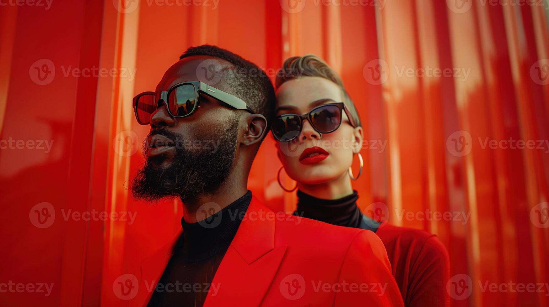 Stylish Duo in Red Suits and Sunglasses Against Vibrant Red Background Looking Confident and Trendy photo