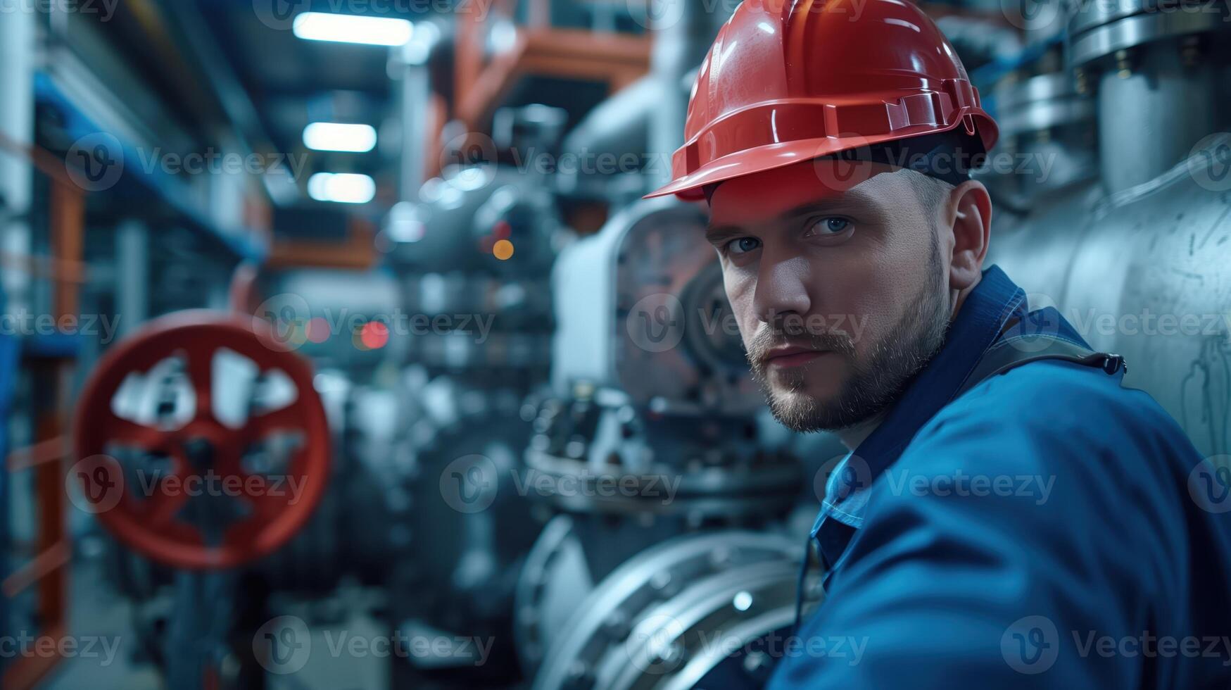 Engineers in Uniforms and Helmets Working Behind Machinery in Industrial Factory Setting photo
