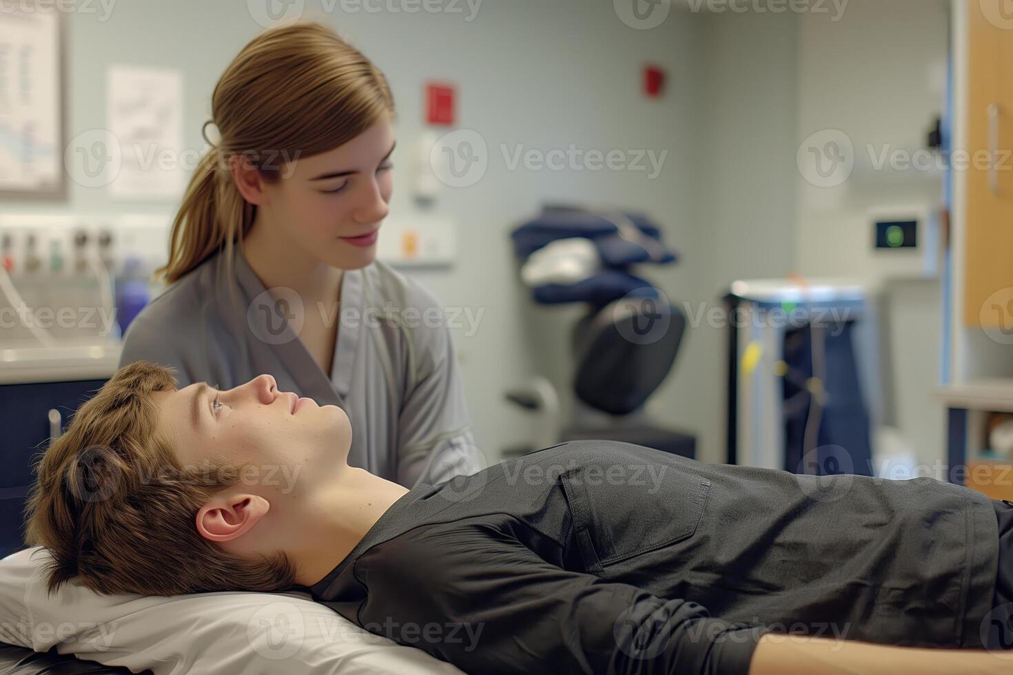 Physical Therapy Session in Clinic with Caring Therapist Assisting Patient Lying on Bed in Calm Medical Setting photo