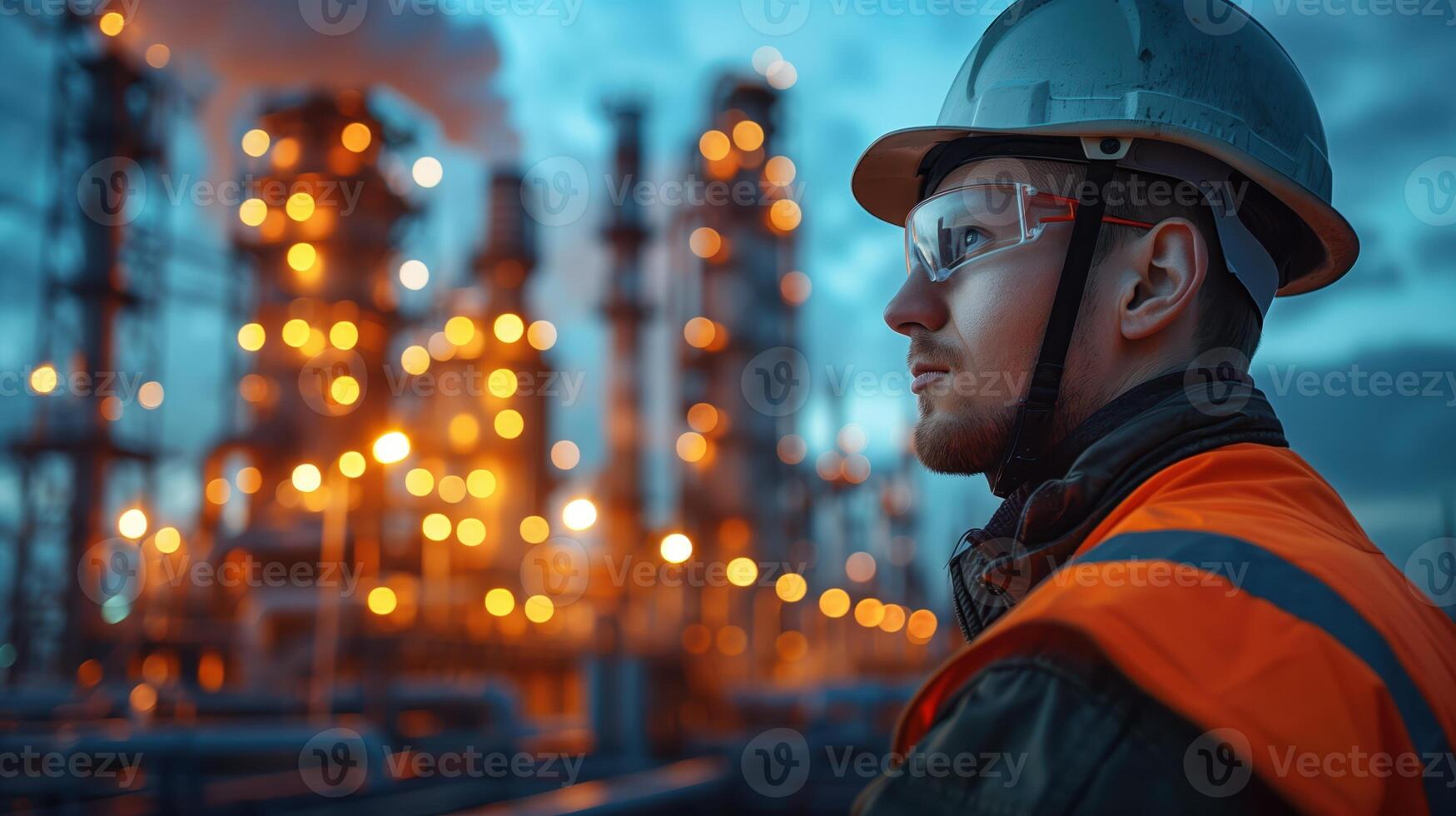 Engineers in Safety Helmets and Uniforms Overseeing Industrial Plant Operations at Twilight with Focus on Safety and Precision photo