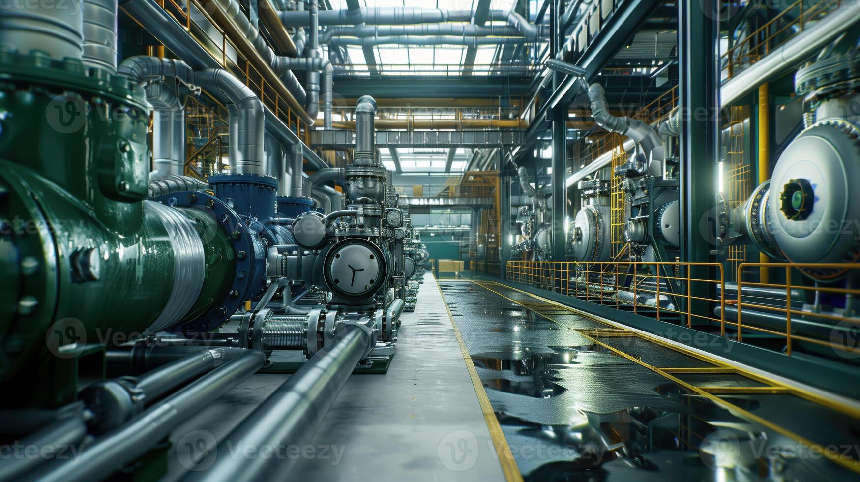 Horizontal View Of An Industrial Facility With Complex Machinery And Pipelines photo