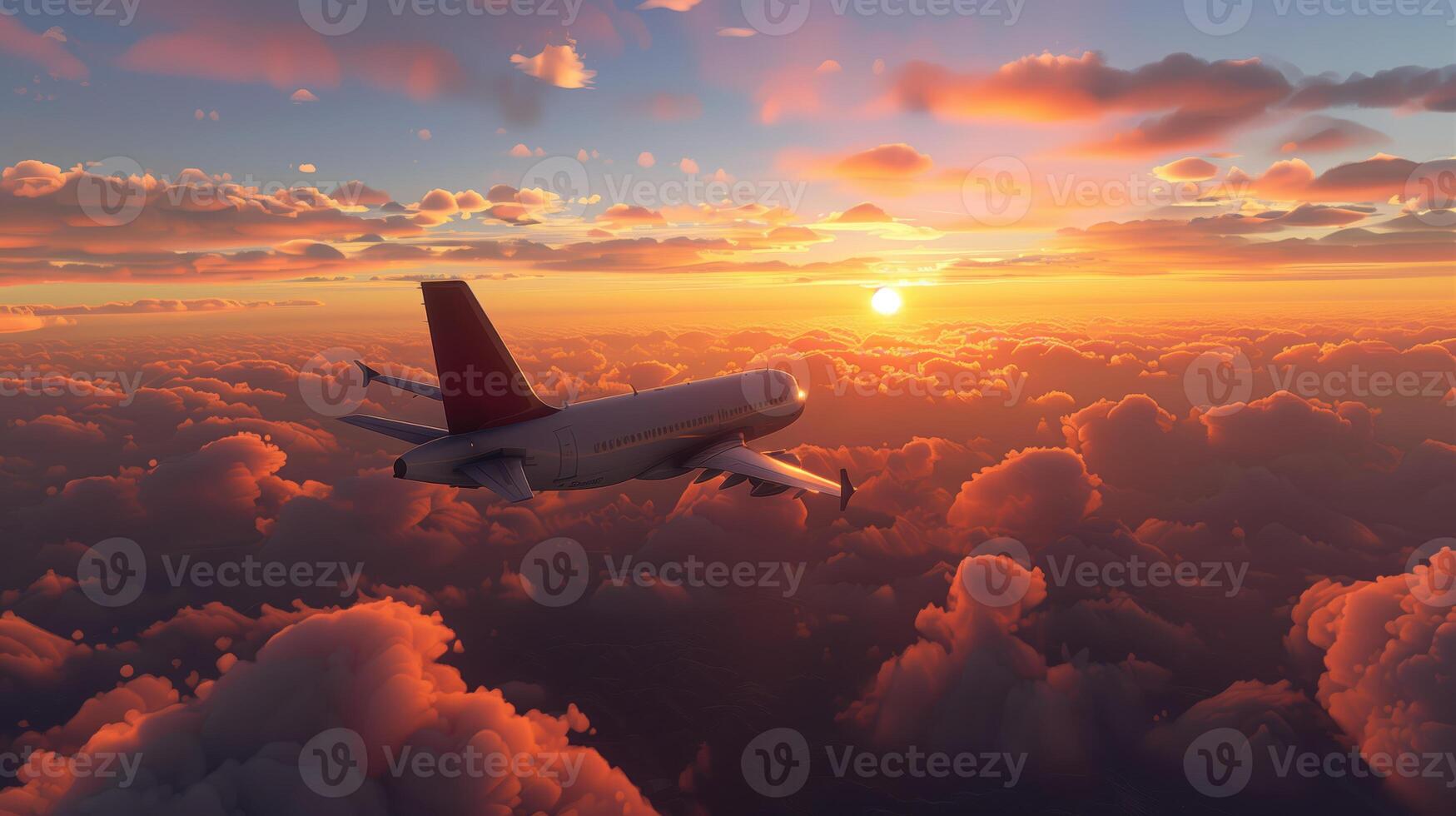 Dramatic Sunset Skies Above Radiant Clouds With Airliner in Foreground Capturing Awe of Aerial Travel photo