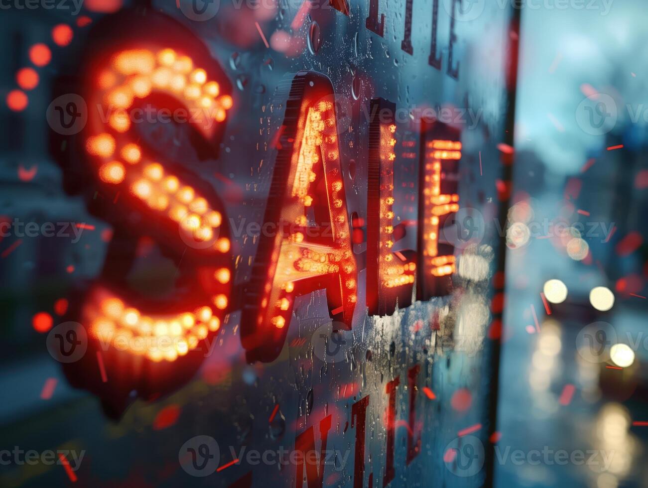 Illuminated Sale Sign in Rainy Urban Setting with Vibrant Neon Lights and Reflections photo