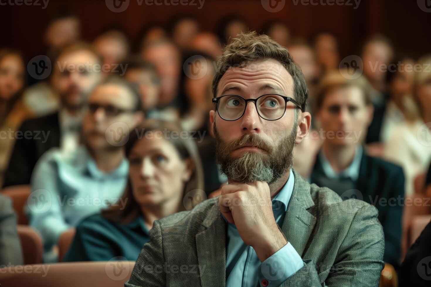 Executive Engages with Audience During Thought-Provoking Business Presentation in Modern Conference Setting photo