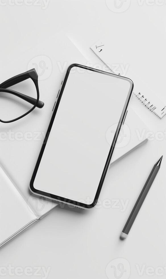 White Minimalist Smartphone Mockup On Desk With Glasses And Notebook In Modern Workspace Setting photo