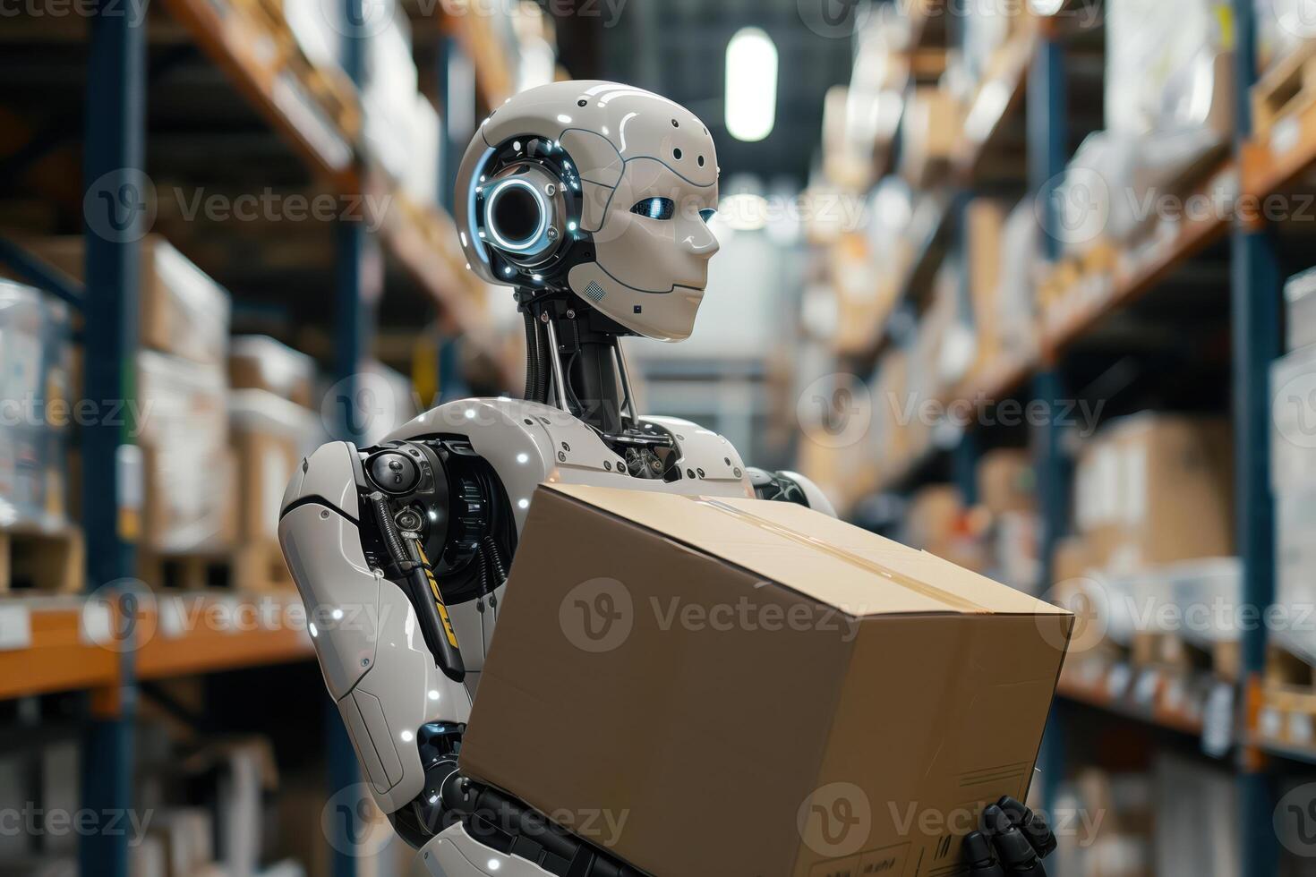 Robot Holding a Box in a Modern Warehouse Illustrating Futuristic Automation and Logistics photo